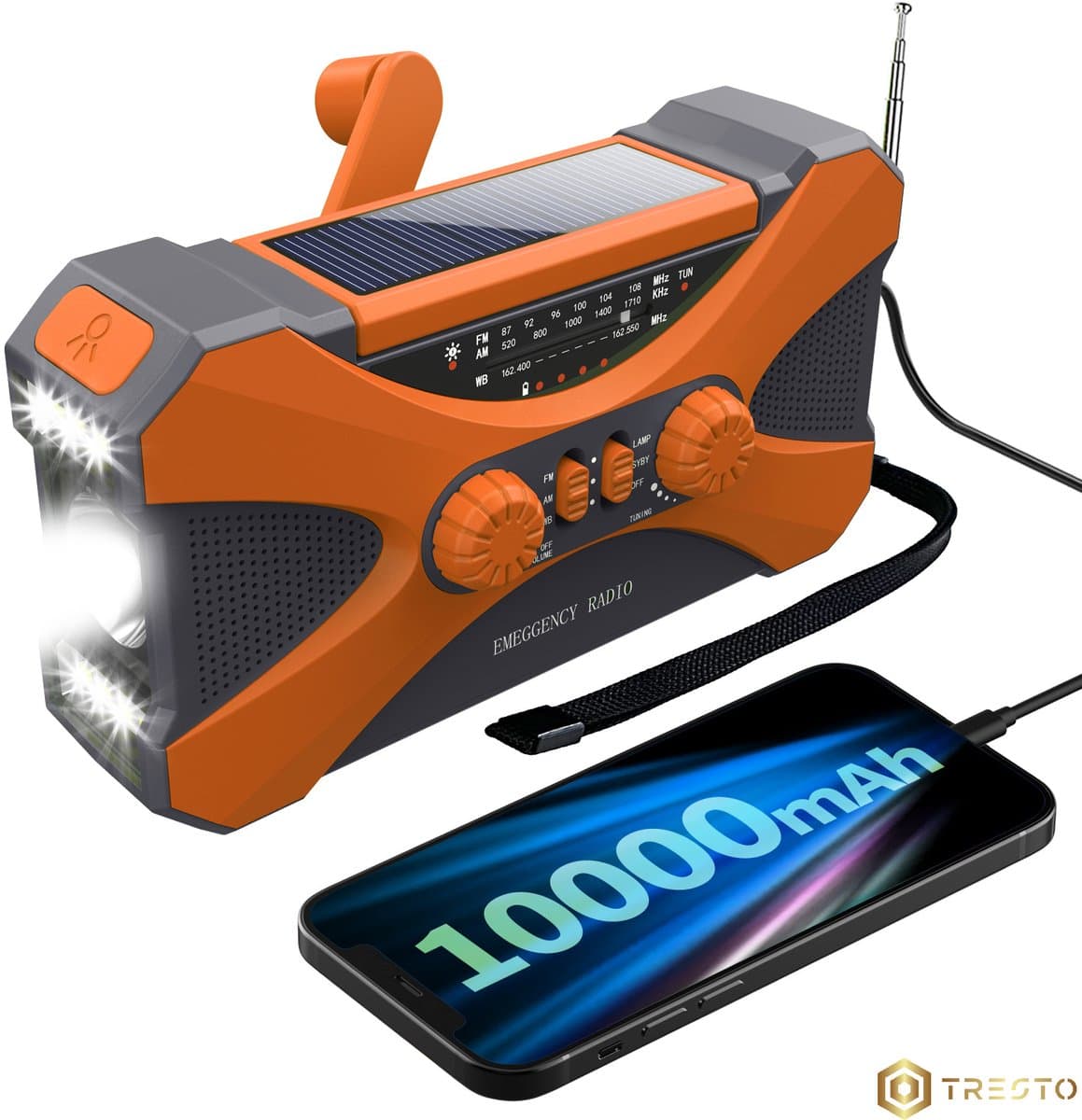 TRESTO - Noodradio Opwindbaar Batterij - Radio Op Batterijen Voor Rampen - Multifunctionele Noodradio Solar Opwindbaar - Opwindbaar Radio Zaklamp - Wereldontvanger Radio - Met Handslinger - Zonne-energie - AM/FM - SOS-functie - 10.000 mAh Power