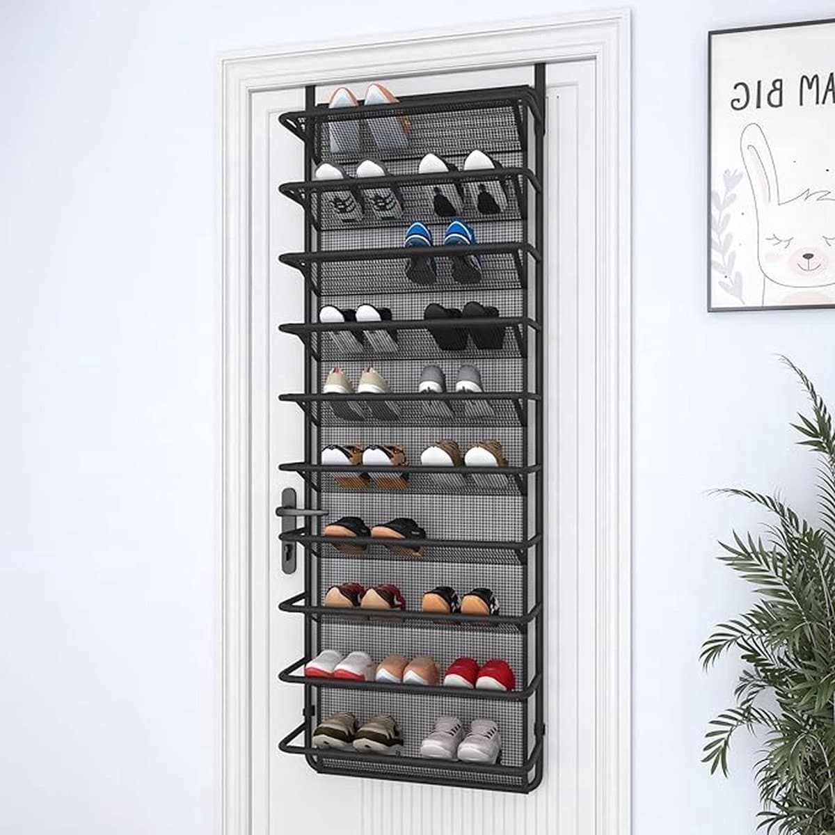 Stunq® Handige Schoenenrek boven de deur met 10 niveaus, Luxe hangend schoenenrek metalen schoenenorganizer voor eetkamer (mat zwart, 55 x 19,5 x 159 cm)