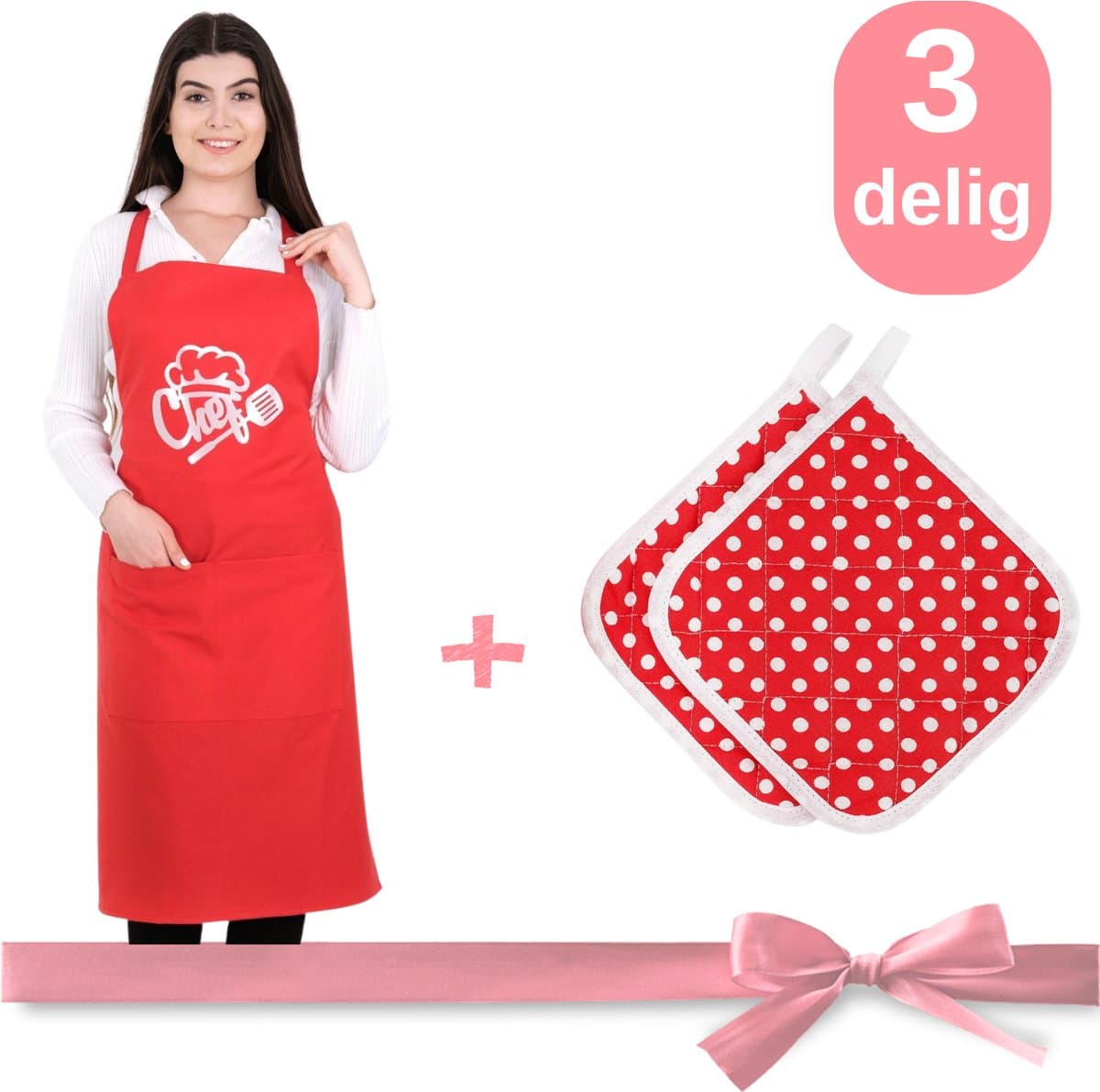 Tavas Chef Keukenschort 65x95 cm - Rood - Kookschort met 2 Pannenlapen - 3 Delig Cadeaupakket - Keukenschort Dames - Horecakwaliteit