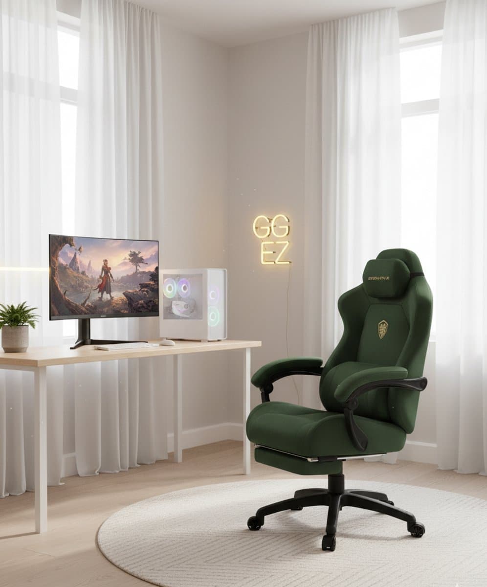 Gamingstoel Ergonomisch met Massage, Verstelbare Hoofdsteun, Microfiber Velours, Uitklapbare Voetensteun, 155° Kantelbaar, Groene Luxe Gaming Chair – Altameubel