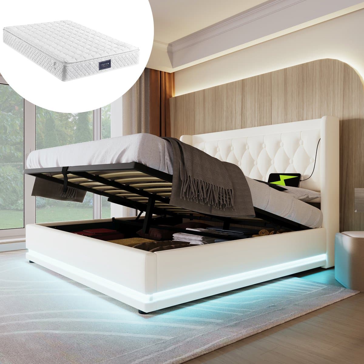 STILVORA Gestoffeerd Bed Tweepersoonsbedden 160x200 cm - Opbergbed Met Hydraulische Ladefunctie - LED Tweepersoonsbed Met USB Type C - PU - Wit
