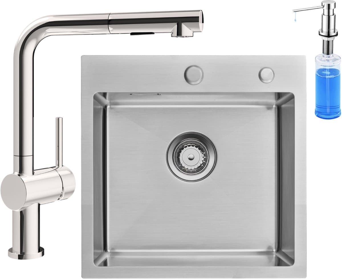 Auralum max Spoelbak Met Kraangat - Spoelbak Keuken Met L-uitloop Keukenkraan en Zeepdispenser 300ML - Spoelbakken Keuken - Keuken Gootsteen 45 x 45 cm - Keuken Gootsteen met Sifon en Afvoerzeefje - Zilver