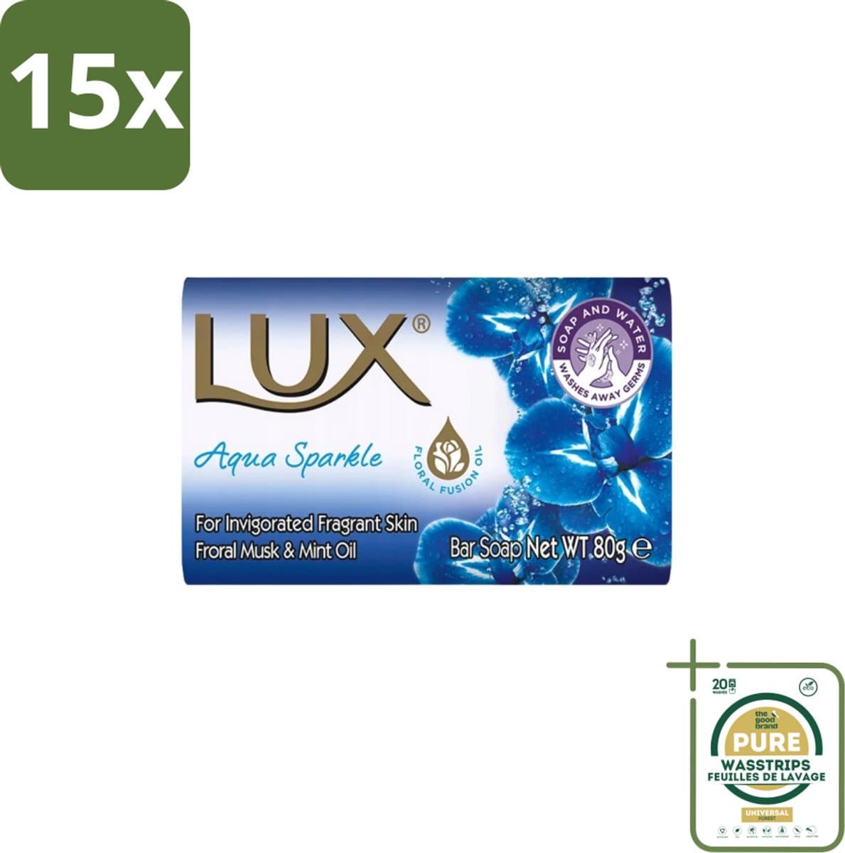 15 x Lux – Bar Soap – Aqua Sparkle – 80 g - Grootverpakking - Zeeptablet Aqua Sparkle - Aqua Sparkle Zeep - Luxe Zeep - Reinigende Zeep - Frisse Zeep