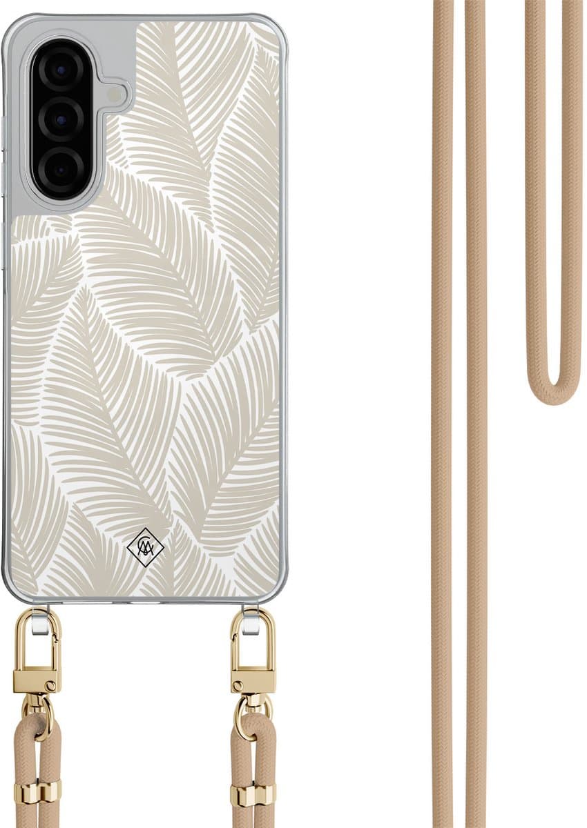 Casimoda® hoesje met beige koord - Geschikt voor Samsung A57 - Palm Leaves Beige - Afneembaar koord - TPU/polycarbonaat - Bruin/beige
