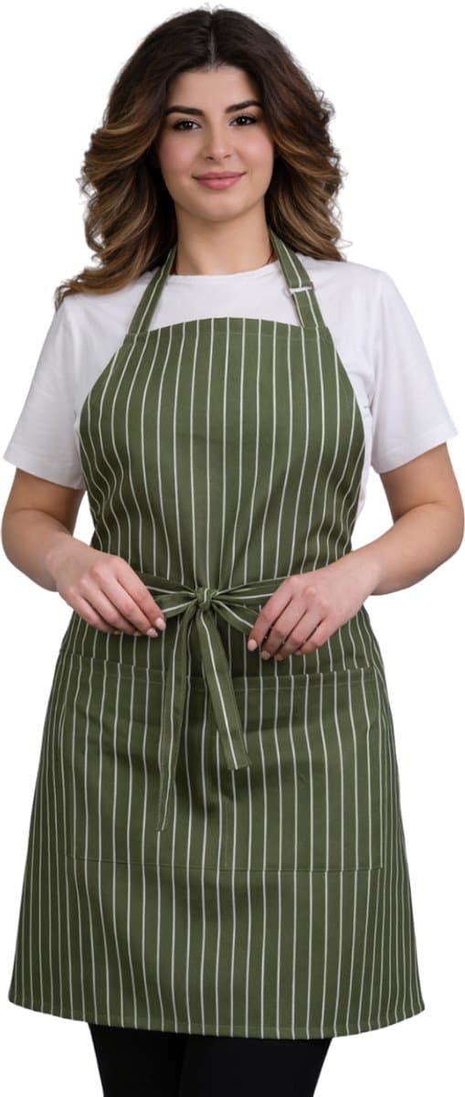 Culinary Stripe Keukenschort - Matcha Groen Lijnen - 60x80 cm - Kookschort met Zakken en 86 cm Tailleband - Horeca - Keukenschort Dames - Keukenschort Heren