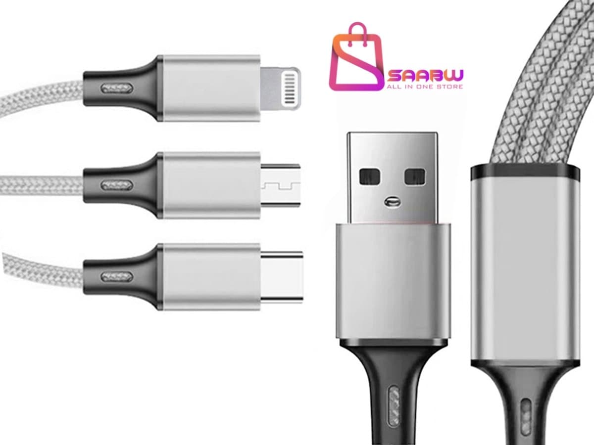3-in-1 USB Kabel Lightning Micro USB Type-C 1.2m – Snelladen 2.1A – Zilver – usb-c kabels – usb c kabel – 55862