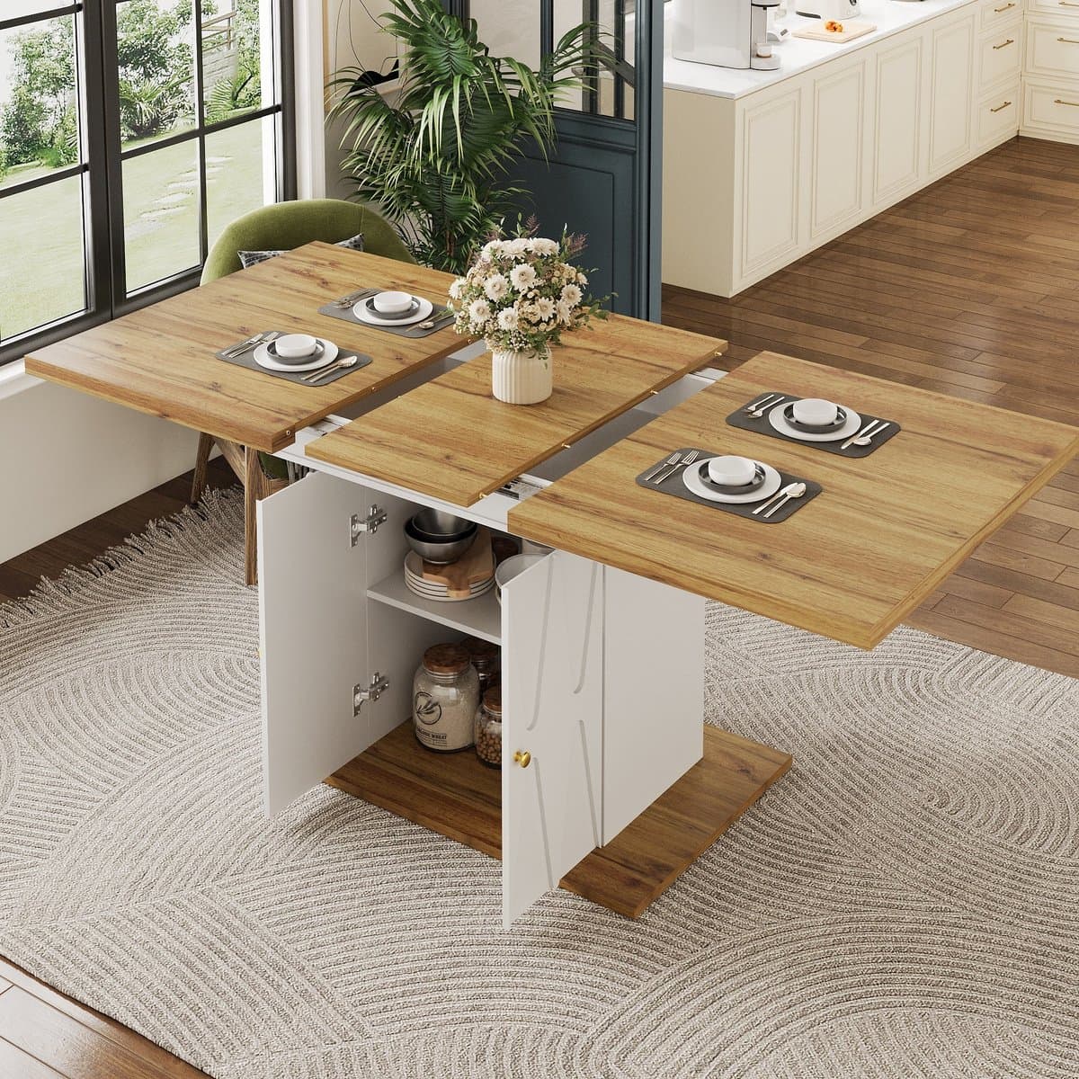 PHOEBE CAT Eettafel - Met kast - Uitschuifbaar tafelblad - 110(140)x70x76,5 cm - Houtnerf - Wit + Naturel