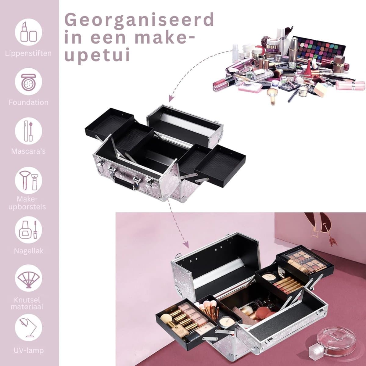 CLVP® Visagie Koffer - Cosmetica Koffer - Kapperskoffer - Make-up Koffer met Verstelbare Vakken –Roze