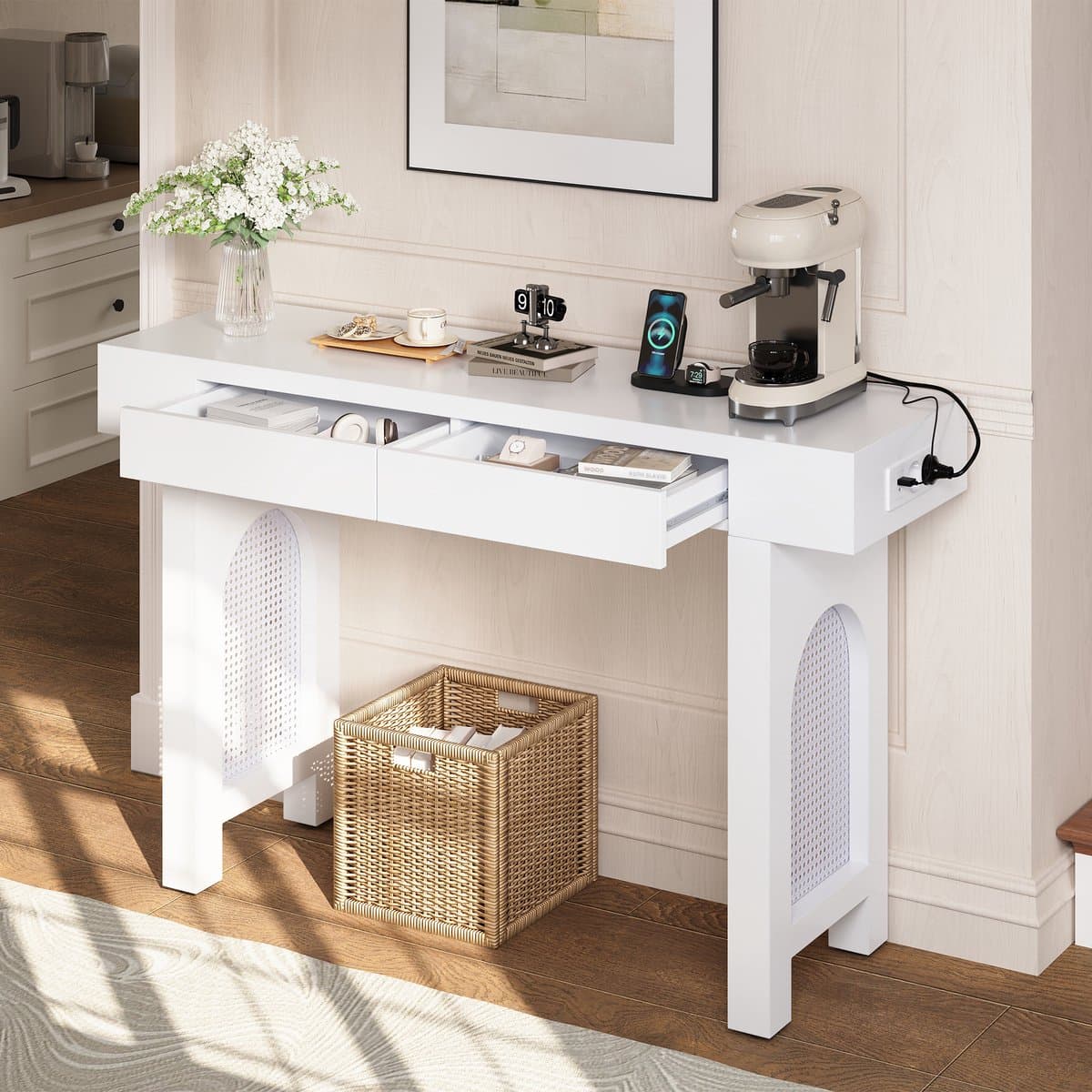 HAUSS SPOLE Consoletafel - Met Stopcontacten En Twee Lades - Smalle Haltafel Voor Gang En Woonkamer - MDF - Wit - 120x35,5x76,5 cm