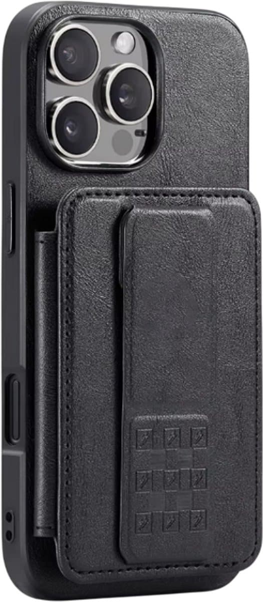 Lederen Wallet Hoes met Kaarthouder – Geschikt voor iPhone 17 – Magnetische Bookcase Telefoonhoes, Pasjeshouder Hoesje met Handband, Ringhouder en Standfunctie - Zwart