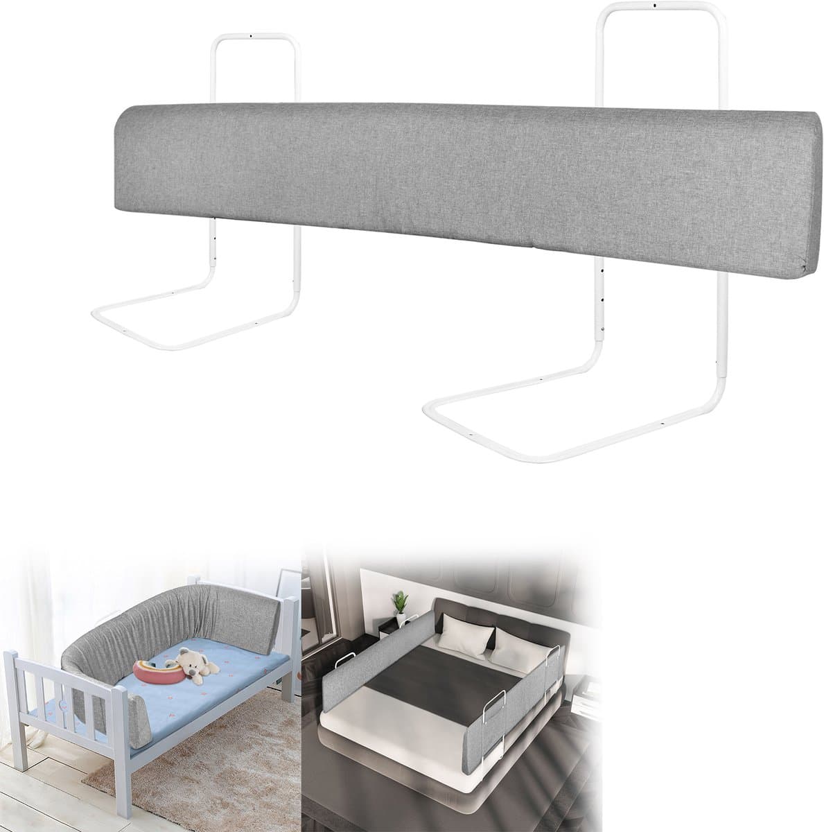 Froadp 150 cm bedhek bedhek valbeveiliging voor kinderen in hoogte verstelbaar doe-het-zelf vervormbare bedrandbescherming 5-gats bed kinderbedhek veiligheidsreling voor babylinnen grijs (1 stuk)