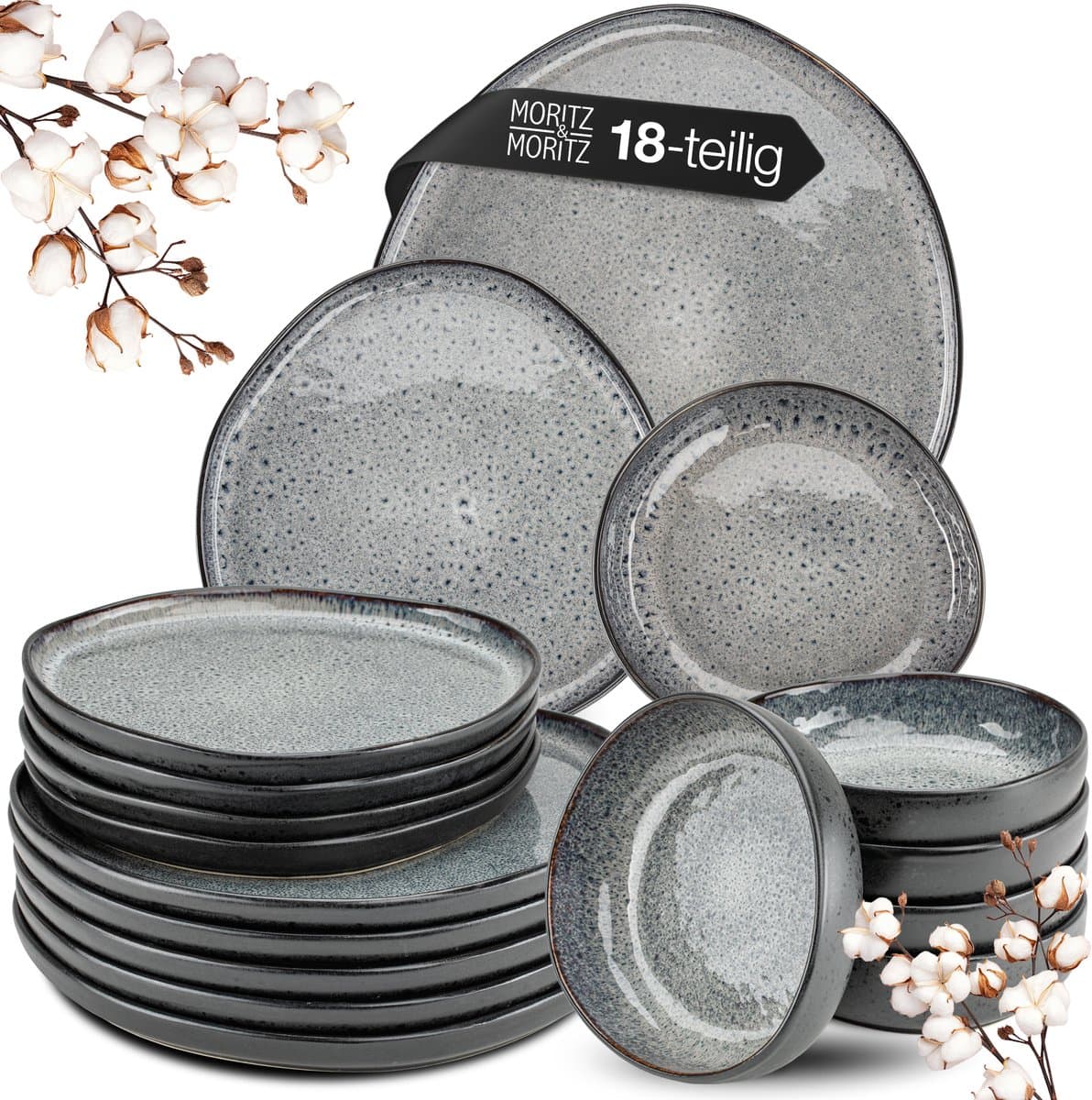 Moritz & Moritz ORGANIC 18-delige Serviesset voor 6 Personen Grijs – Modern Bordenset Aardewerk – Servies met dinerborden, dessertborden en soepborden