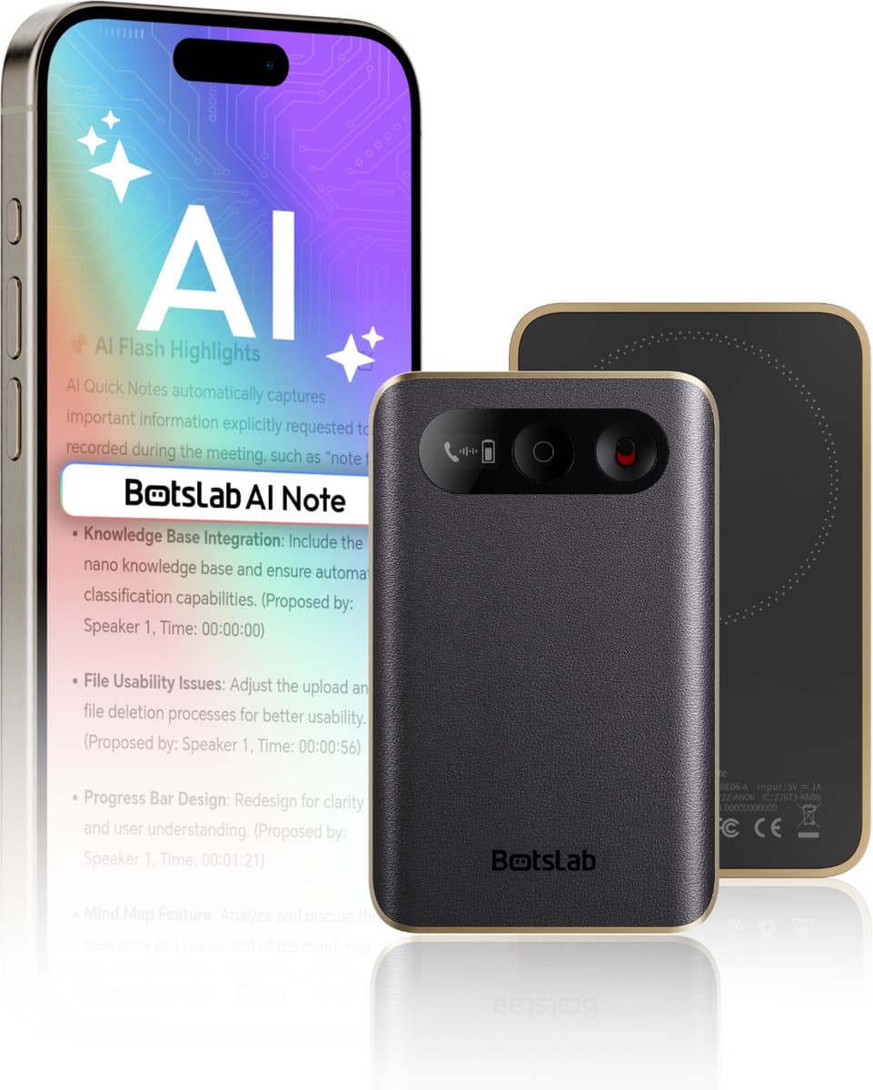 Botslab AI Note voice recorder – Slimme ChatGPT spraakrecorder met AI transcriptie & samenvattingen – 64GB geheugen – Nederlands & 120+ Talen – Magnetisch