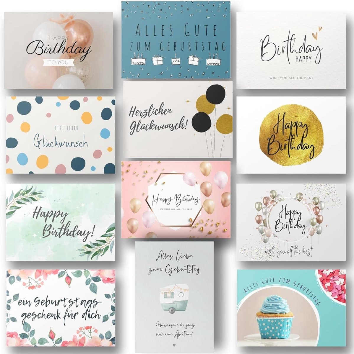 12 Luxe Verjaardagskaarten Set (A6) - Kleurrijke Vouwkaarten Inclusief Enveloppen