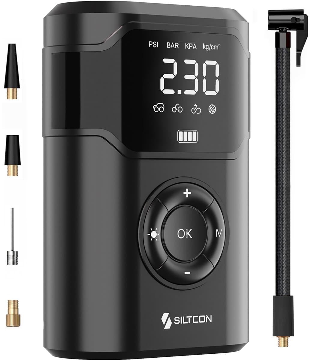 Siltcon® Luchtcompressor Bandenpomp - Tot 10.5 Bar - 8000 mAh Powerbank - Elektrische Fietspomp – Compressor - Bandenpomp – O.a. Fiets, Auto, Scooter, Bal en Luchtbed – Oplaadbaar – 30l/min – SOS Lamp - Noodpakket - Incl. 8 Opzetstukjes en Opberghoes