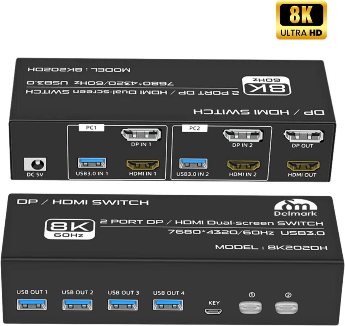 Delmark KVM Switch - DisplayPort & HDMI 2 PC's naar 2 Monitors - 8K60Hz - HDMI 2.1 / DP 1.4 - 4x USB 3.0 Poorten - Docking station - Inclusief DP, HDMI en USB kabels