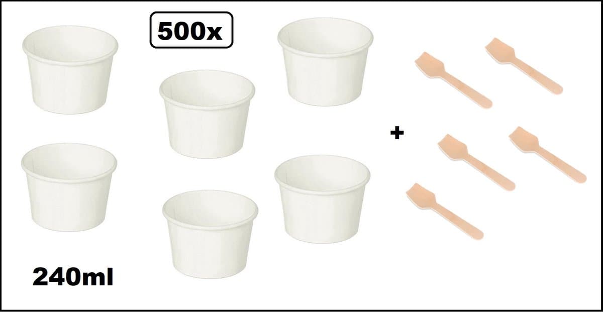 500x IJsbeker wit 240ml karton met 500x ijslepel hout - IJs beker 3 a 4 bollen - Party schepijs softijs ijsje zomer festival thema feest