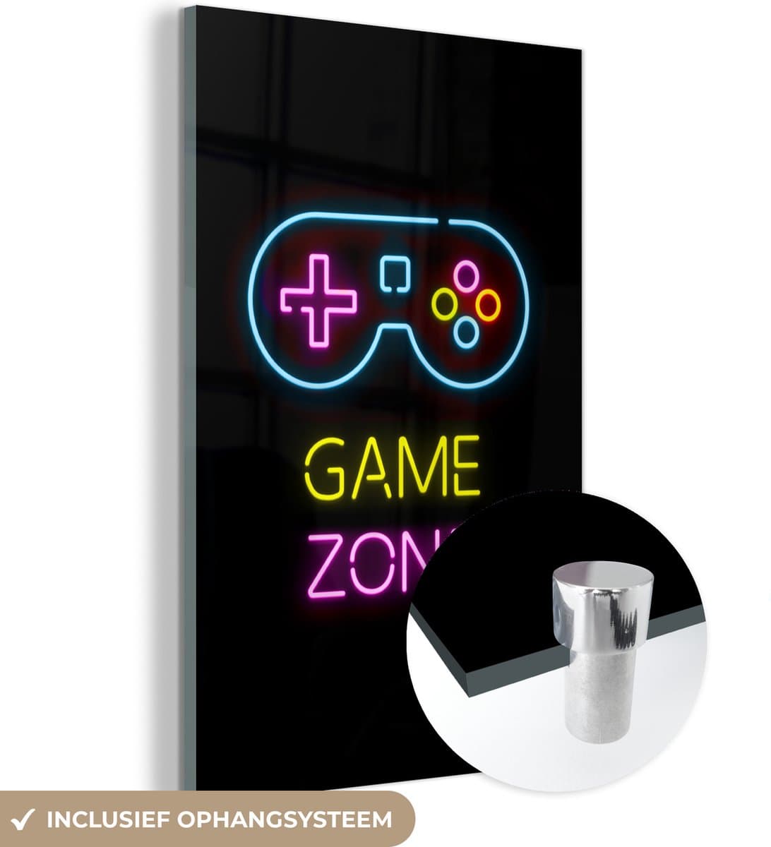 ® Glasschilderij 100x150 cm - Schilderij acrylglas - Controller - Game - Neon - Zwart - Quotes - Game zone - Foto op glas - Muurdecoratie woonkamer - Wanddecoratie slaapkamer - Schilderijen