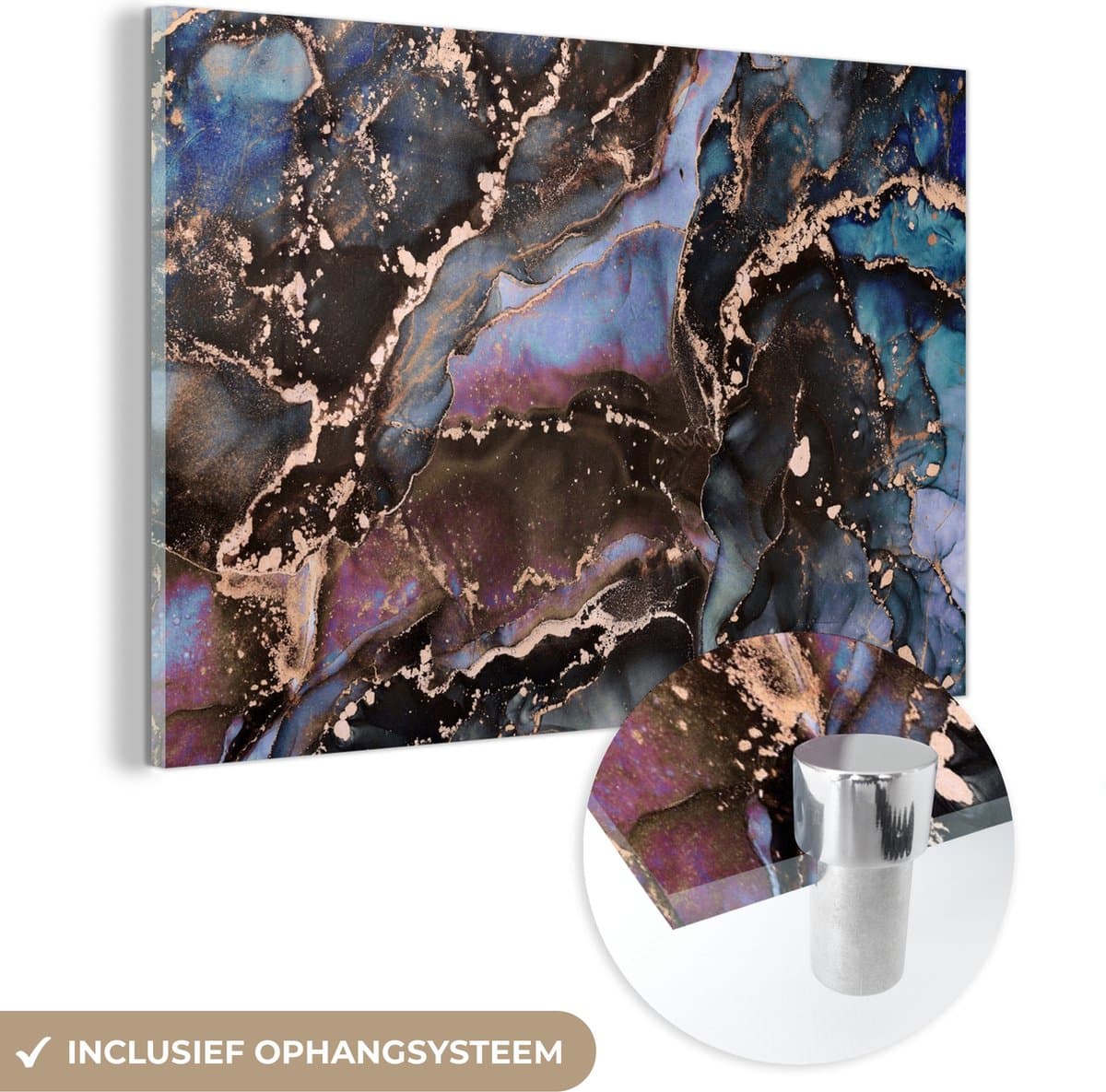 MuchoWow® Glasschilderij 120x80 cm - Schilderij acrylglas - Marmer - Goud - Rosé - Foto op glas - Schilderijen