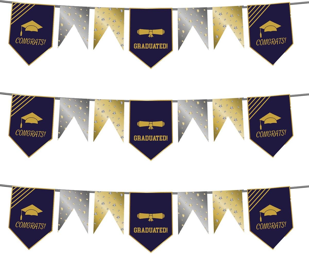 Folat Vlaggenlijn geslaagd - 3x - 6 meter - goud/zilver - papier - diploma examenfeest