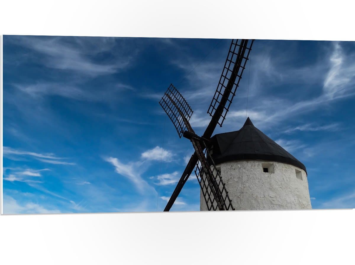 PVC Schuimplaat - Onderaanzicht van Witte Molen met Blauwe lucht - 100x50 cm Foto op PVC Schuimplaat (Met Ophangsysteem)