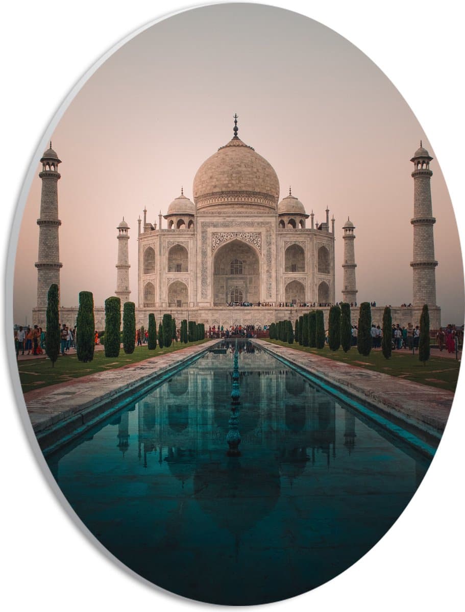 PVC Schuimplaat Ovaal - Tai Mahal Moskee - India - 21x28 cm Foto op Ovaal (Met Ophangsysteem)