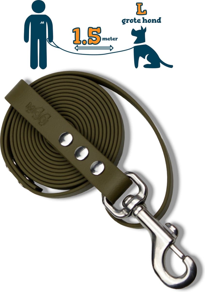 Miqdi hondenriem – BioThane® - olijfgroen – 1.5 meter lang – 19mm breed – L/XL - grote hond