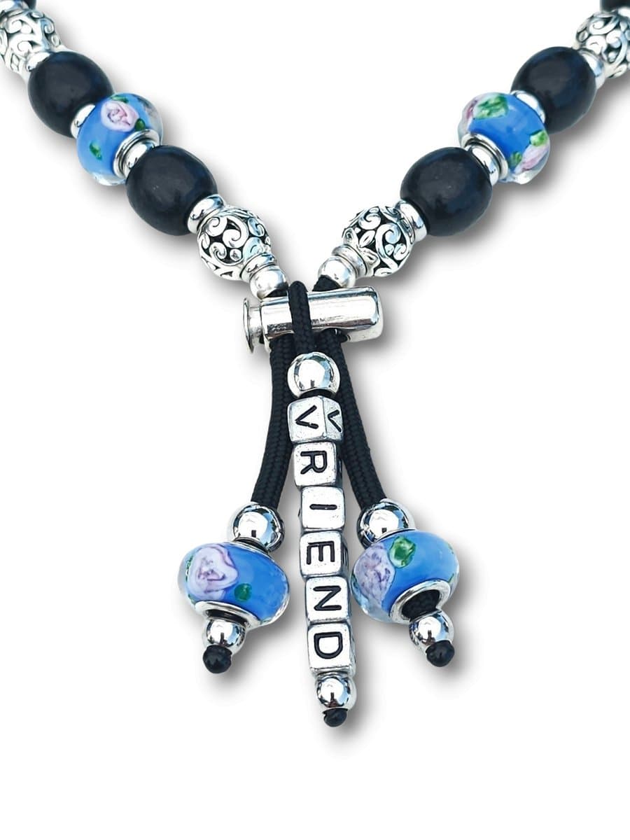 Halsketting hond, blauwe Pandora-stijl kralen, Paracord, Maat XL 51-60 CM