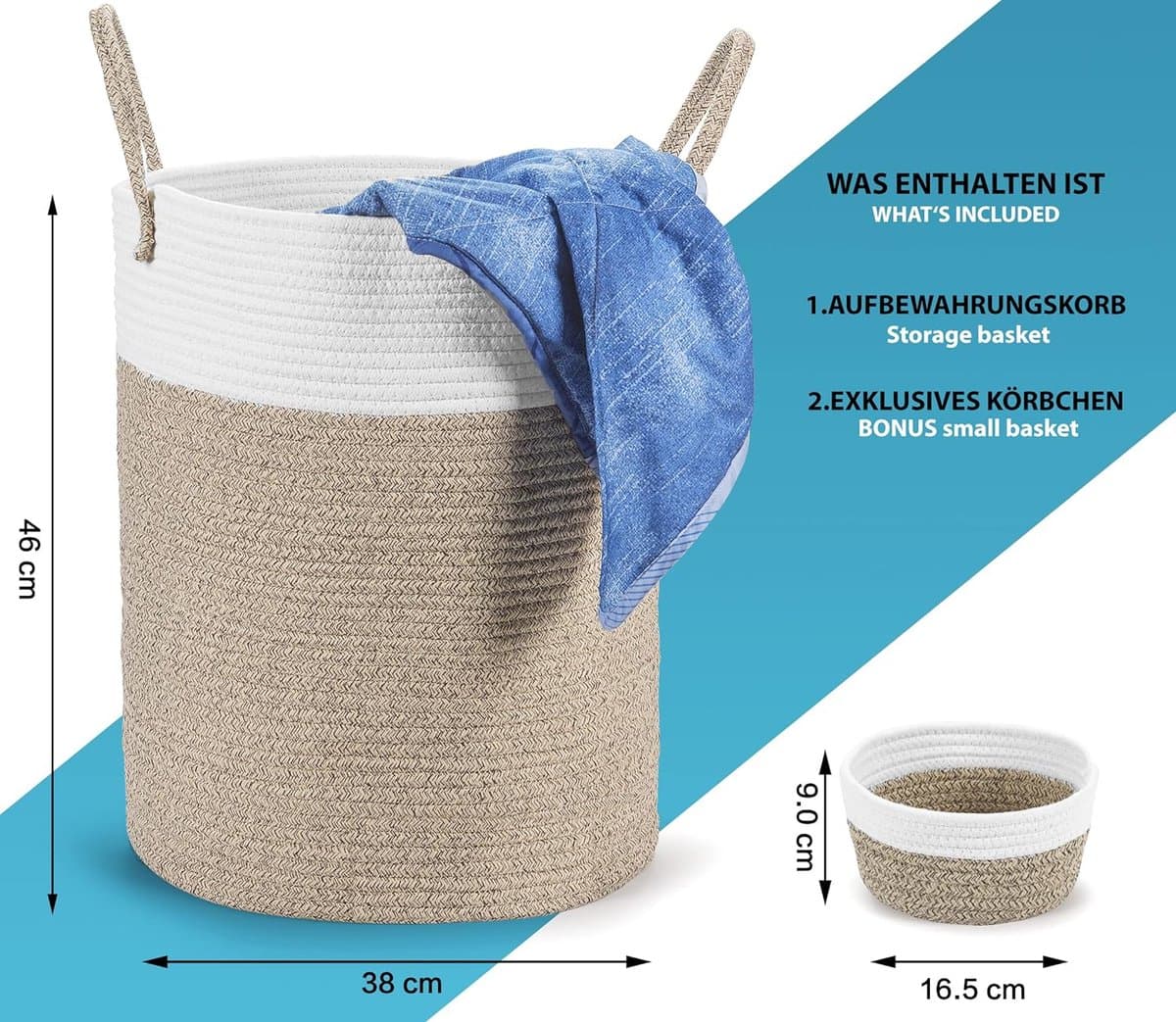 Wasmand, Handgemaakte, Decoratieve Wasmand van Katoen, Opbergen van Kleding, Boeken, Speelgoed, Dekens, Kussens, Opvouwbaar, Draagbaar, met Handvat, Met Eén Kleine Mand, 46x38cm
