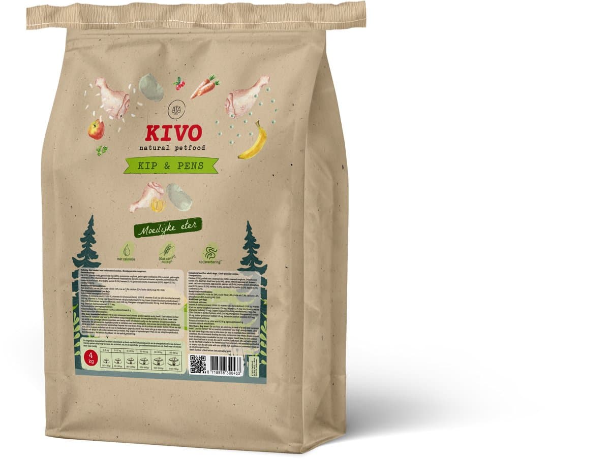 Kivo Petfood Hondenbrokken Kip & Pens - Moeilijke eter - 4 kg Koudgeperst - Glutenvrij