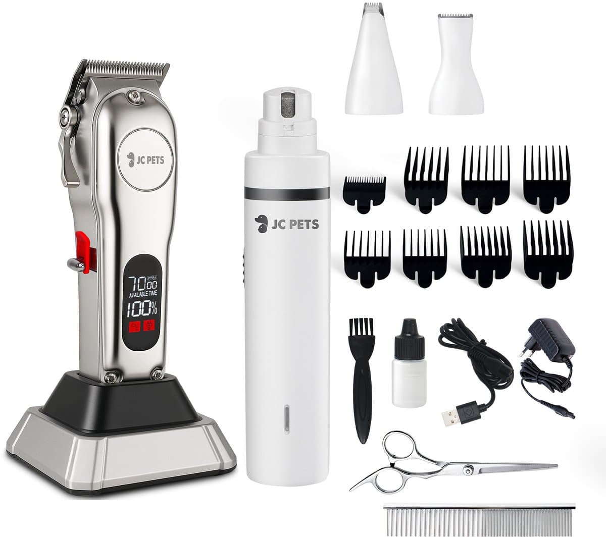 JC Pets Hondentondeuse & 3-in-1 Grooming Set – Draadloze Dieren Tondeuse voor Honden & Katten – RVS Hondentrimmer met Oplaadstation, Poottondeuse, Precisietondeuse & Elektrische Nagelslijper – Complete Trimset voor Alle Vachten