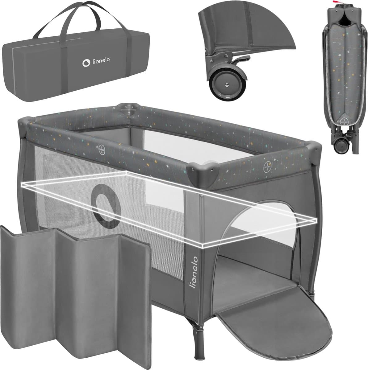 LIONELO STEFI PLUS Campingbedje 4 in 1 – Baby Bed / Inklapbare Box / Reisbedje MET Bodemverhoger (Rugvriendelijk Ontwerp) – MET comfort MATRAS – 60x120 cm – 0-36 maanden / tot 15 kg – Zij-ingang – Wielen – Transporttas – Babybed Babybox Ledikant