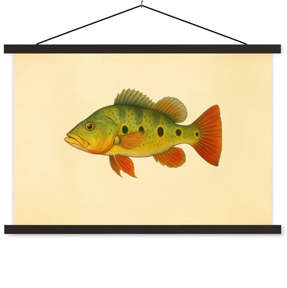 Posterhanger incl. Poster 90x60 cm - Schoolplaat - Schubben - Vis - Groen - Illustratie - Textielposter - Zwarte latten
