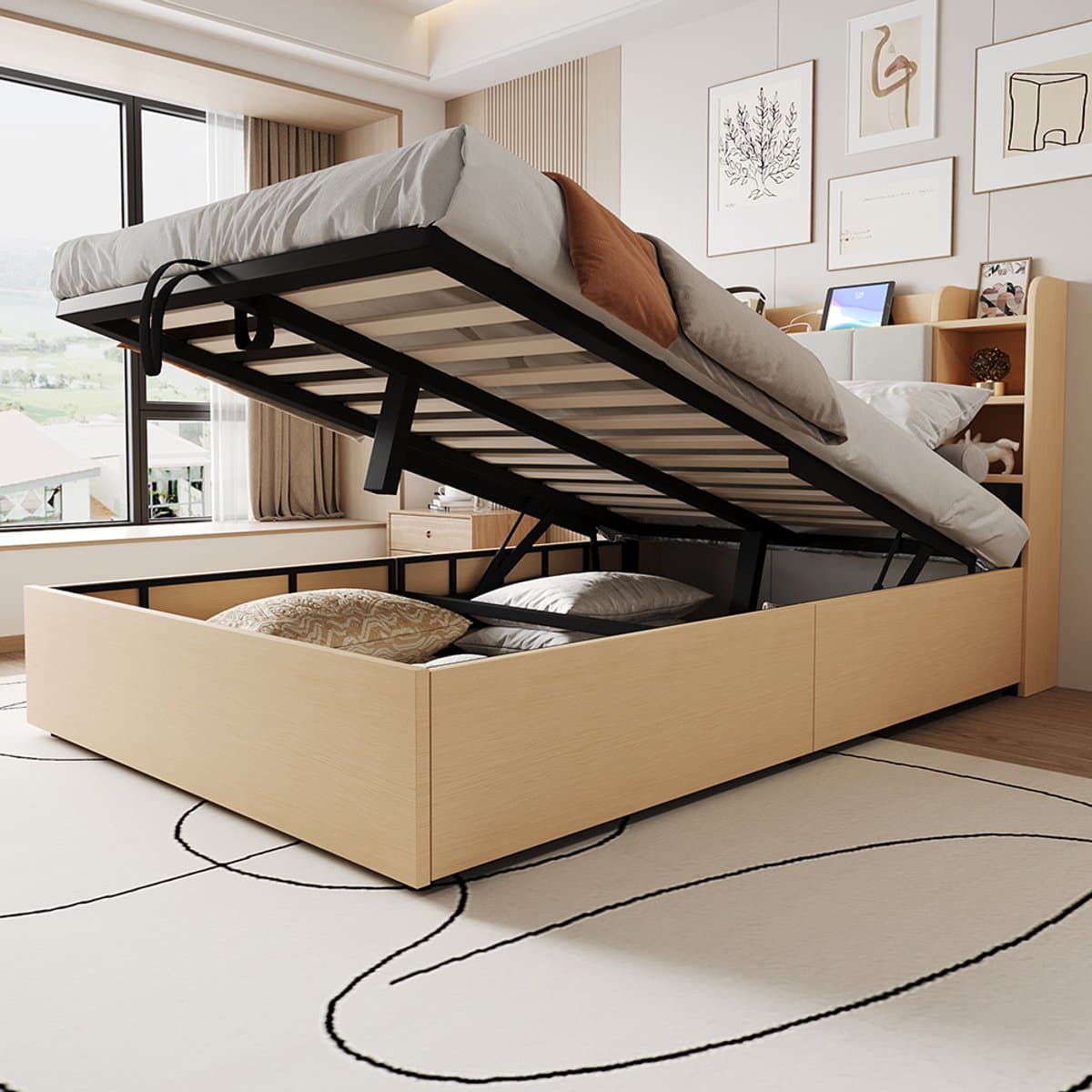 BLACKCOLORS Houten bed, afmetingen 140 x 200 cm, hydraulisch bed, hoofdeinde met opbergruimte, voorzien van een USB-aansluiting en een C-aansluiting voor een cassette, tweepersoonsbed, eenpersoonsbed, houtkleur (zonder matras)