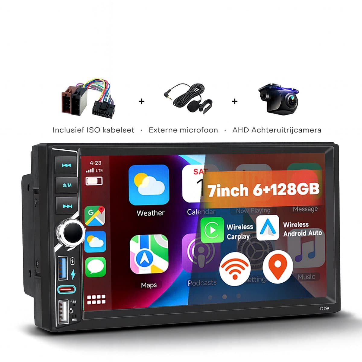 Boscer® 2DIN Android 15 Autoradio – 7 Inch HD IPS Touchscreen – 6+128GB – Draadloze Apple CarPlay & Android Auto – GPS, Bluetooth, WiFi, USB & USB-C – Inclusief Achteruitrijcamera & Microfoon