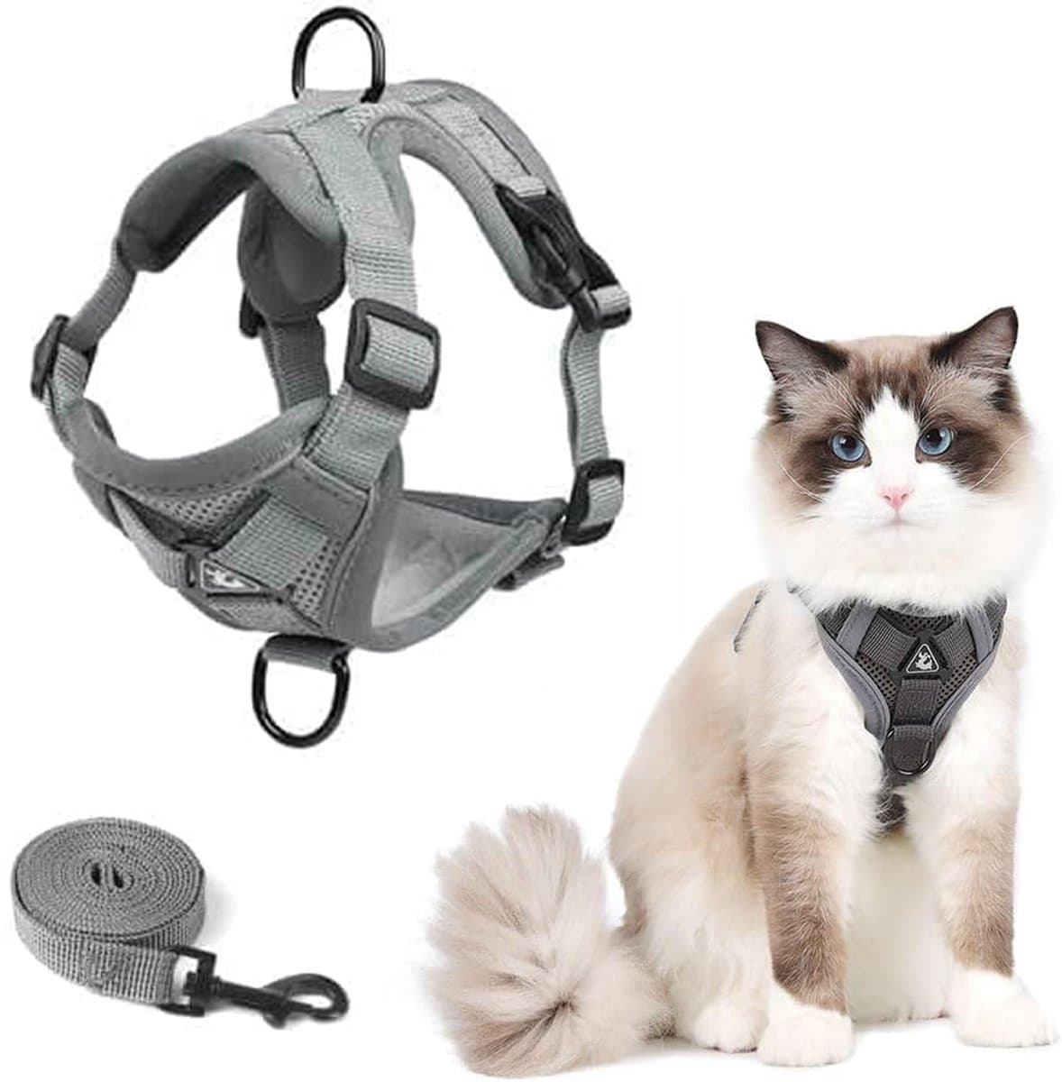 Vitdipy - Kattentuigje - Met Looplijn - Kattenharnas - Verstelbaar - Easy Step In - Kittentuigje - Grijs - Maat XL