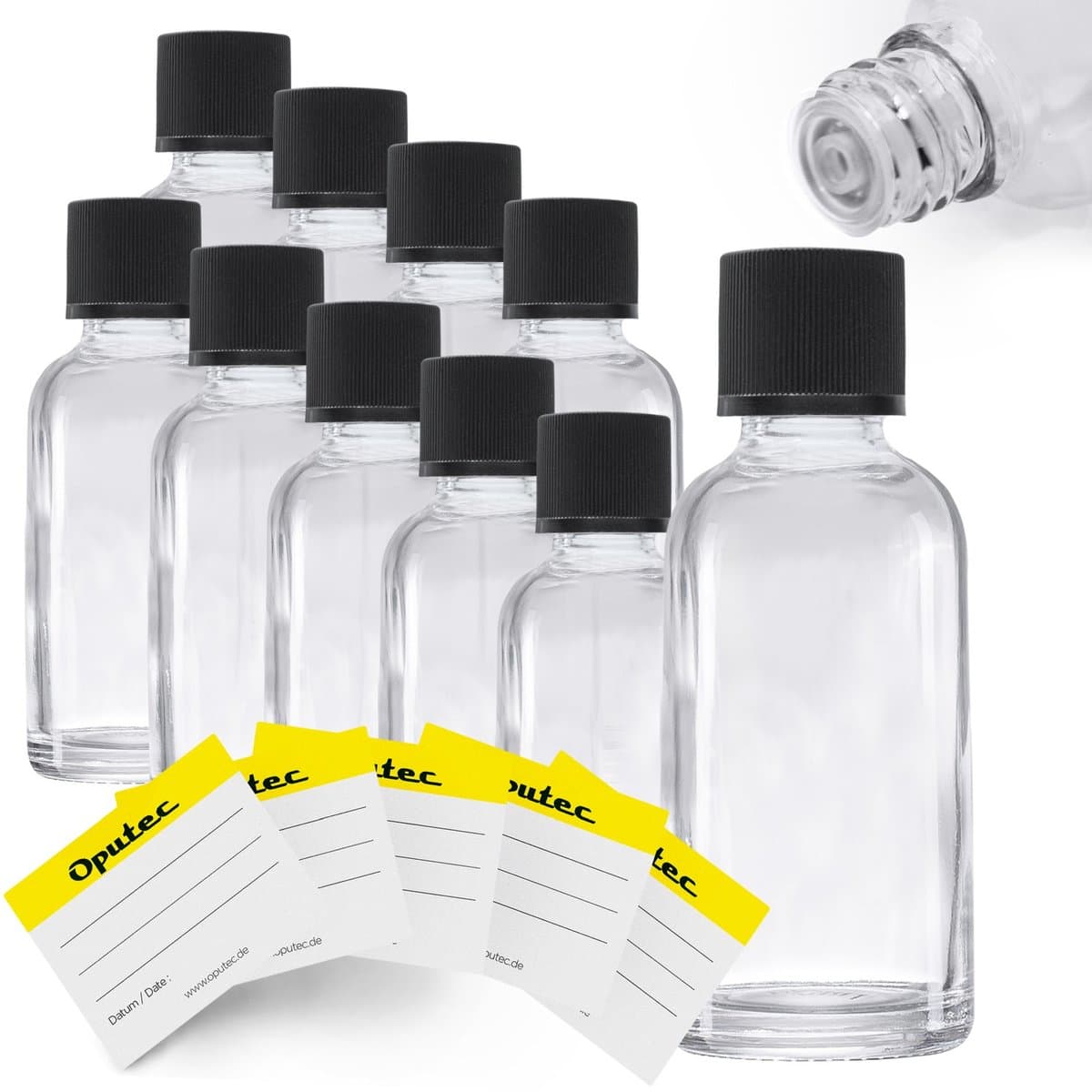 Oputec 10 x 30 ml druppelflesjes van helder glas & etiketten – praktische apothekersflesjes met druppelinzet – lekvrij & herbruikbaar
