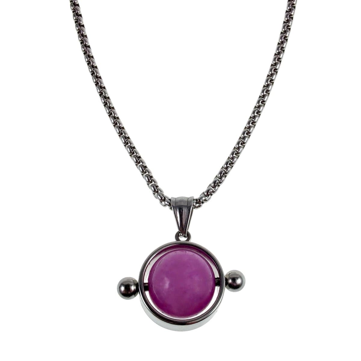 55cm x 2mm Jasseron-Ketting + Ronde Hanger Unisex - RVS Ketting met Opengewerkte Hanger met Paarse Chalcedoon Steen