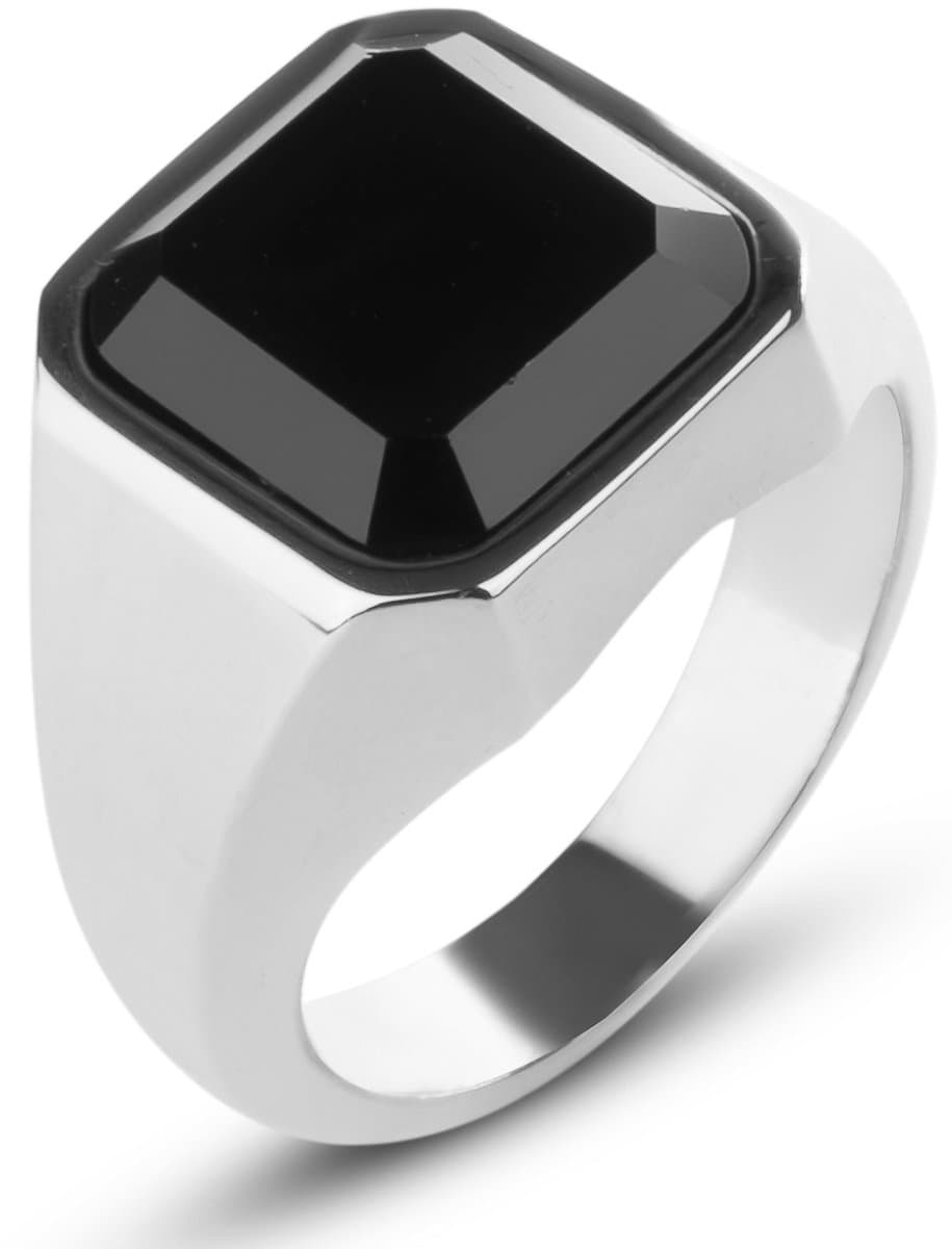 Zegelring Heren Zilver kleurig met Zwarte Steen - Staal - Heren Ring - Ringen Mannen - Papa Cadeau Voor Mannen - Vaderdag