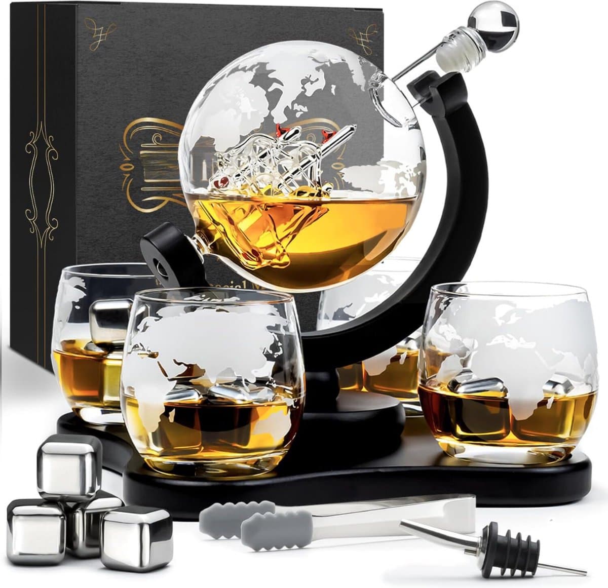 Whiskey Karaf Wereldbol 900ml Luxe Set met 4 Whiskey Glazen 285ml 4 Whiskey Stones & Extra Accessoires Perfect Cadeau voor Mannen