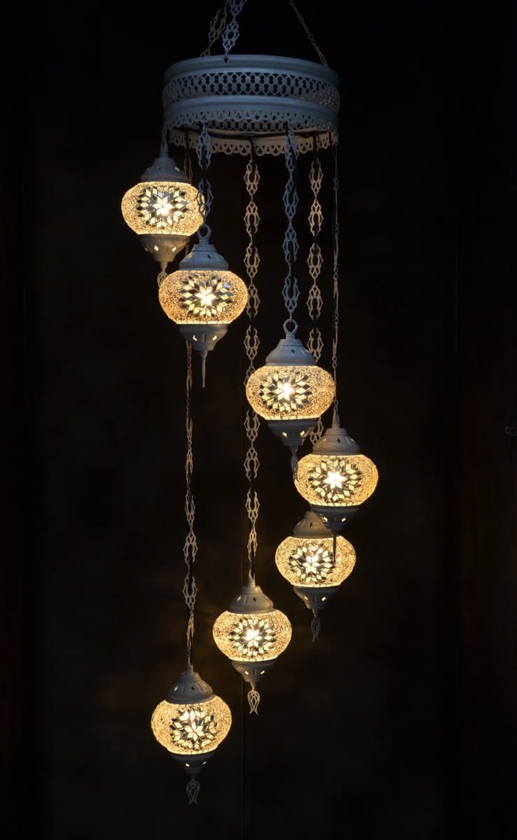 Hanglamp multicolour wit glas mozaïek Oosterse lamp kroonluchter Crèmewit 7 bollen