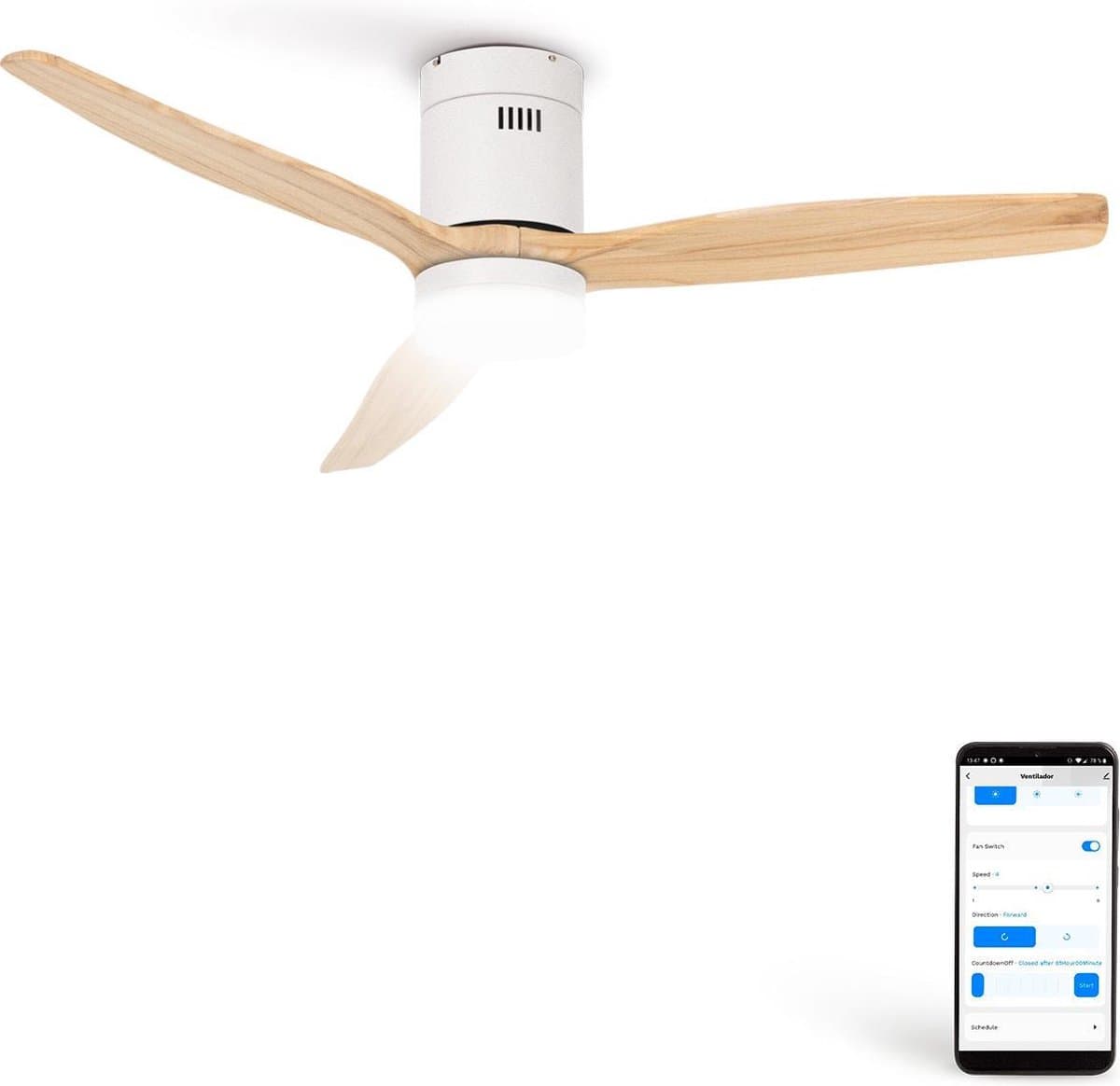 CREATE - Plafondventilator 40W silent Ø132 cm - Met Verlichting drie temperaturen - Met Wifi - Met Afstandsbediening - 6 Snelheden - Timer - Zomer/Winter functie - Wit - WIND CALM