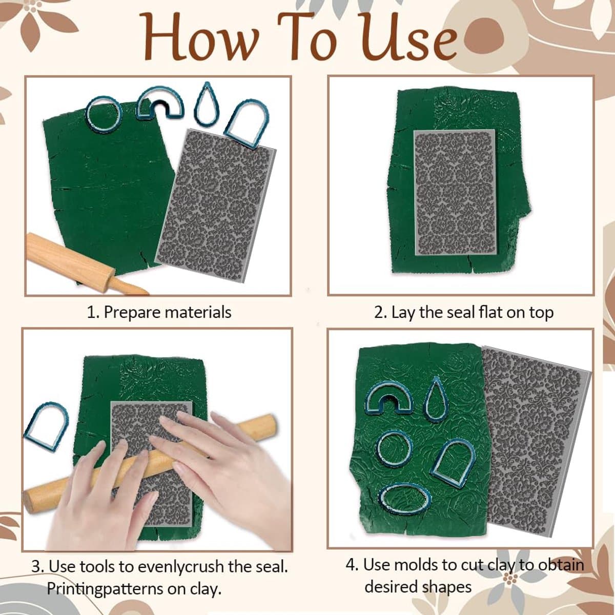 Klei Textuur Mat Polymeer Klei Mallen DIY Klei Textuur Gereedschap voor Klei Aardewerk Oorbel Sieraden Maken Stempel Graveermachines, Bloemen, 9,9x6,6x0,3 cm