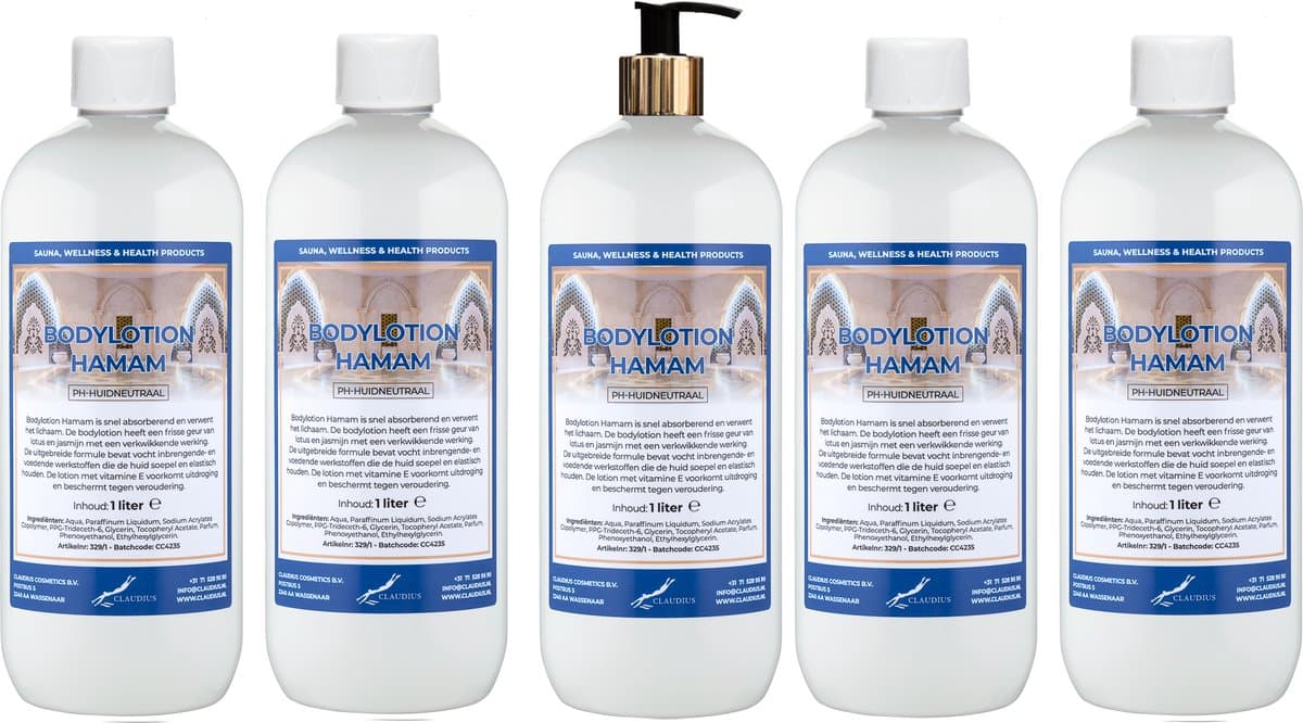 Bodylotion Hamam 1 Liter - met gouden pomp - set van 5 stuks - Voordeelverpakking