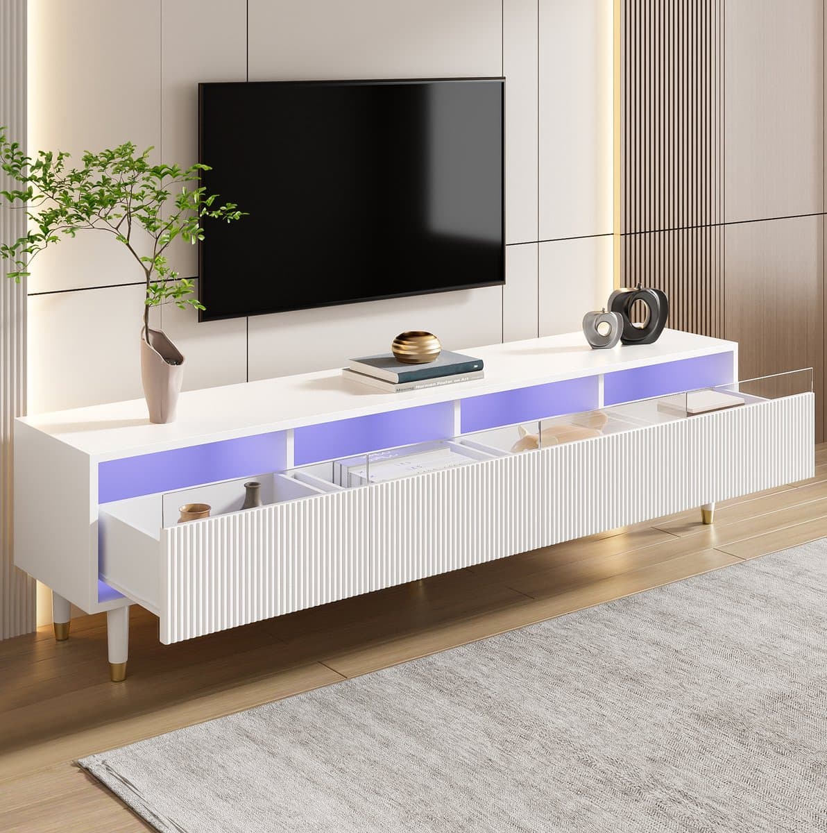 COVREO TV meubel 178 x 35 x 45 cm - 4 lades, kabelopeningen, MDF en acryl, wit