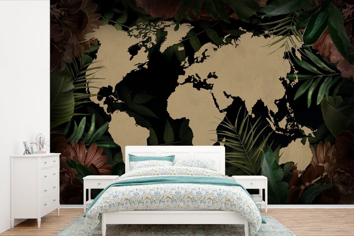 Behang - Fotobehang Wereldkaart - Bladeren - Bloemen - Breedte 330 cm x hoogte 220 cm