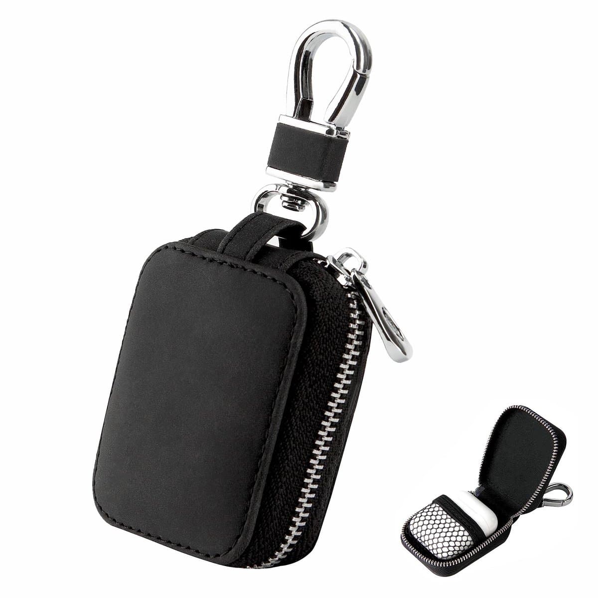 Geschikt voor AirPods 1/2/3/Pro, universele oortelefoon opbergtas met rits en metalen karabijnhaak, duurzame kunstleer beschermhoes, compact sleutelhanger tasje voor draadloze oordopjes, datakabel en kleine accessoires, zwart