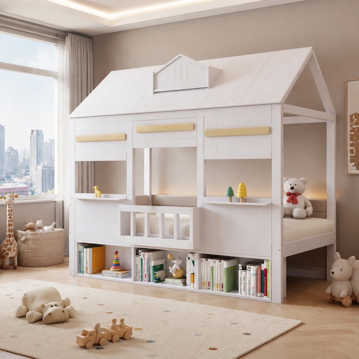 Wishdor Hoogslaper huisvormig kinderbed met boekenrek, lattenbodem en veilige slaapruimte voor kinderkamer, wit 90x200 cm hout MDF