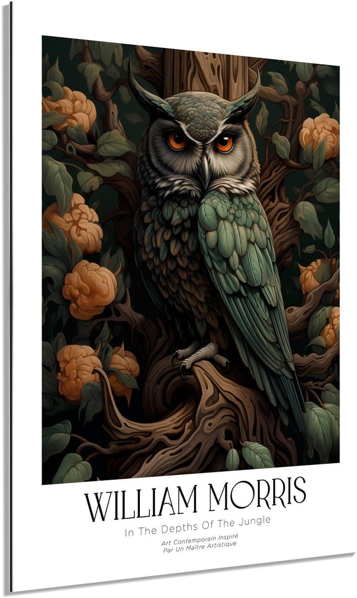 Jungle uil groen oog - Schilderij 50x70 cm - Wanddecoratie op Aluminium Dibond - Aluminium Wandpaneel