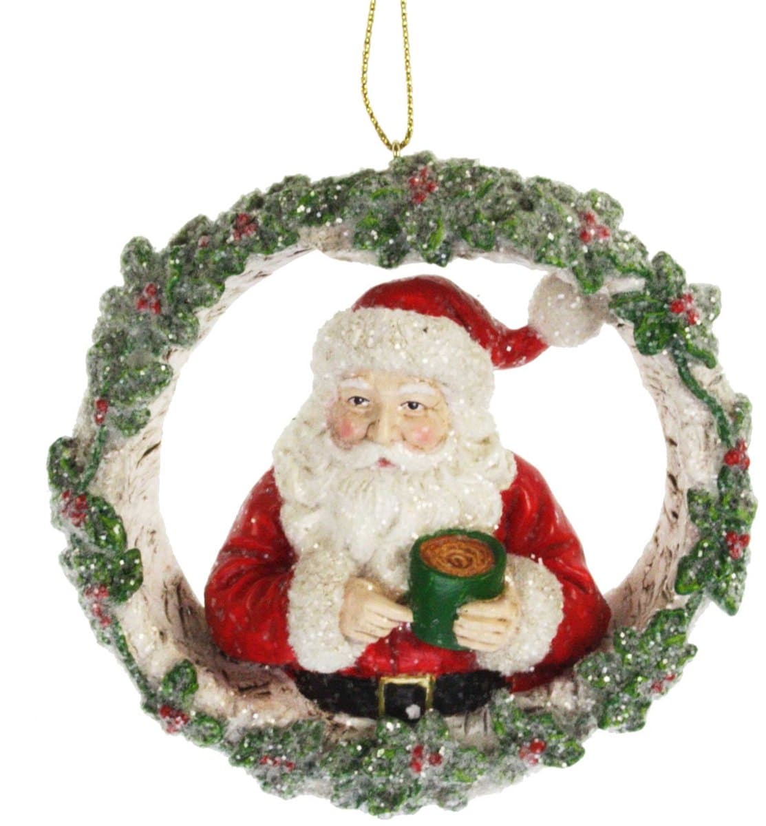 Ornament Kerstman in kerstkrans, glitter Ø10x3,5cm